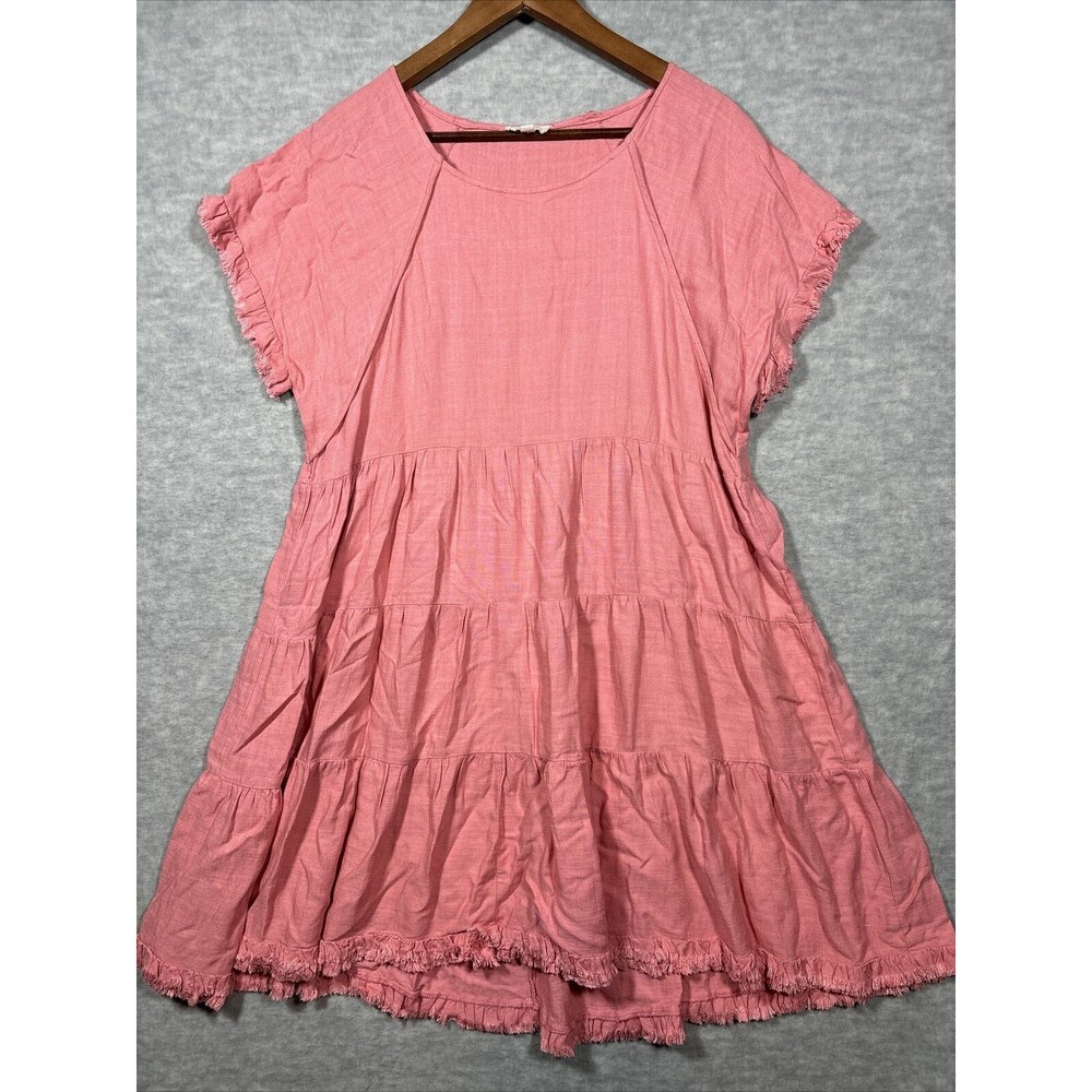 Umgee  Linen Blend Dress Tiered Ruffle Pink Frayed Edge Boho Chic Beachy…